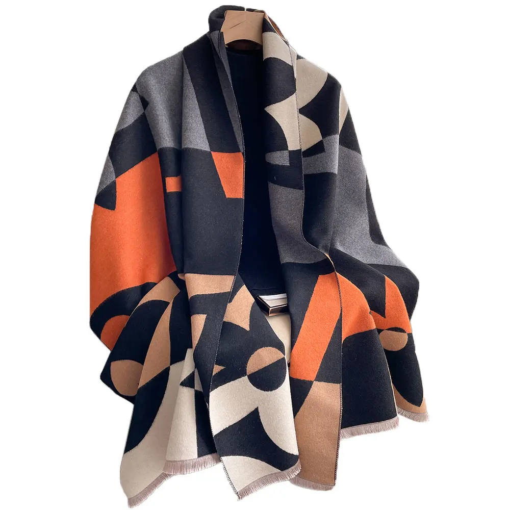 Korean version of autumn and winter splicing  color letter design lengthened high-grade warm cashmere scarf shawl woman