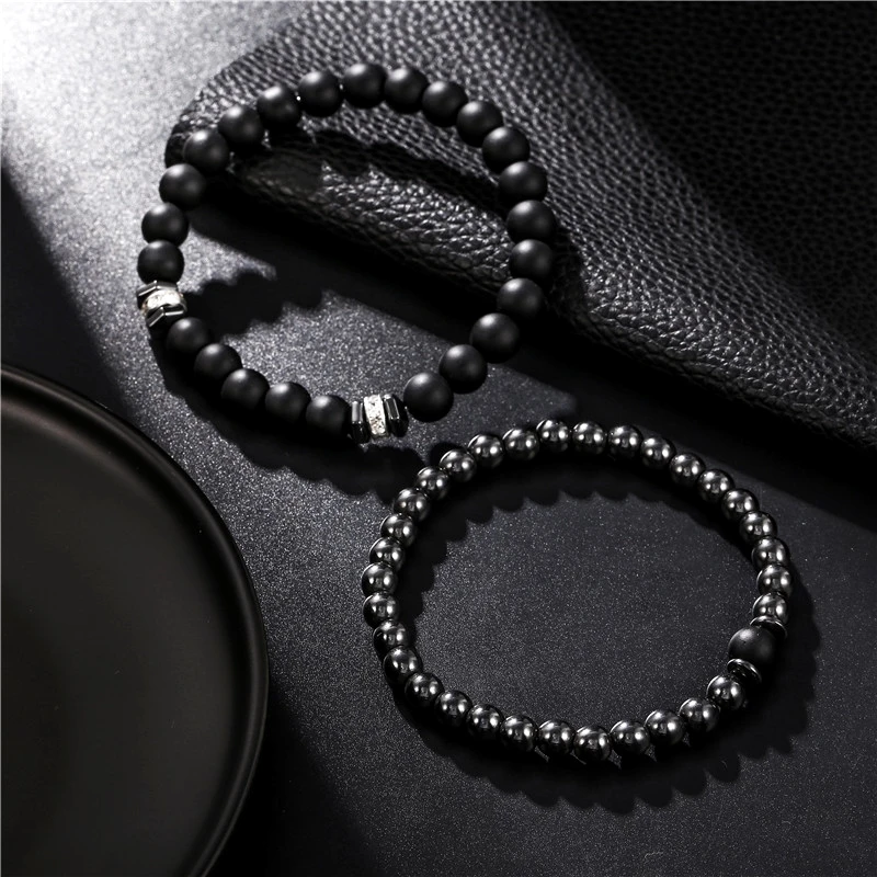 European and American Jewelry 8mm Black Frosted Copper Bead Point Drill Septum Elastic Set Bracelet Accessories Wholesale