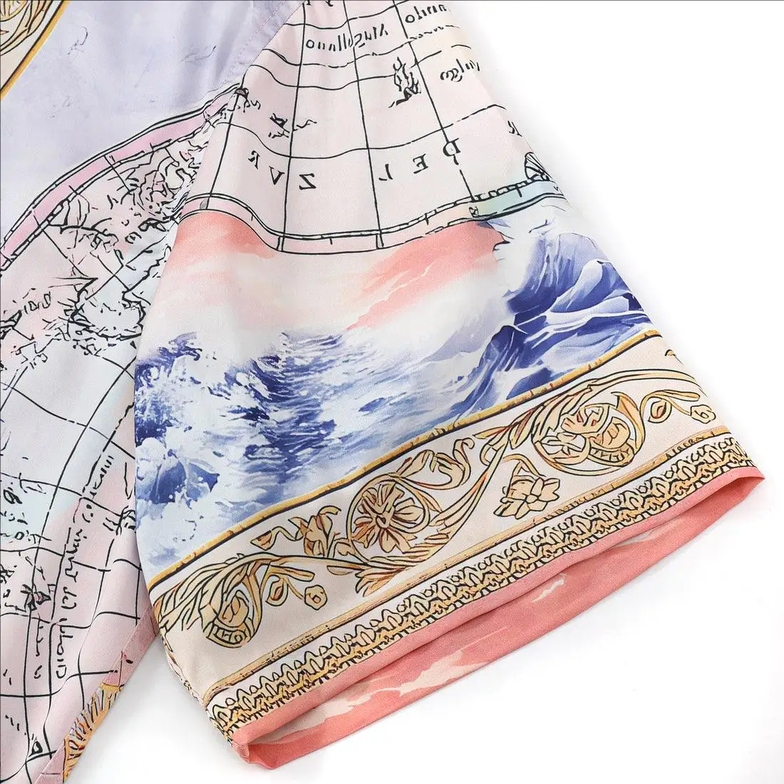 High Quality Fashion Pure Silk Printed Shirts Baroque Globe Pattern Print Short Sleeve Casual Shirts For Men