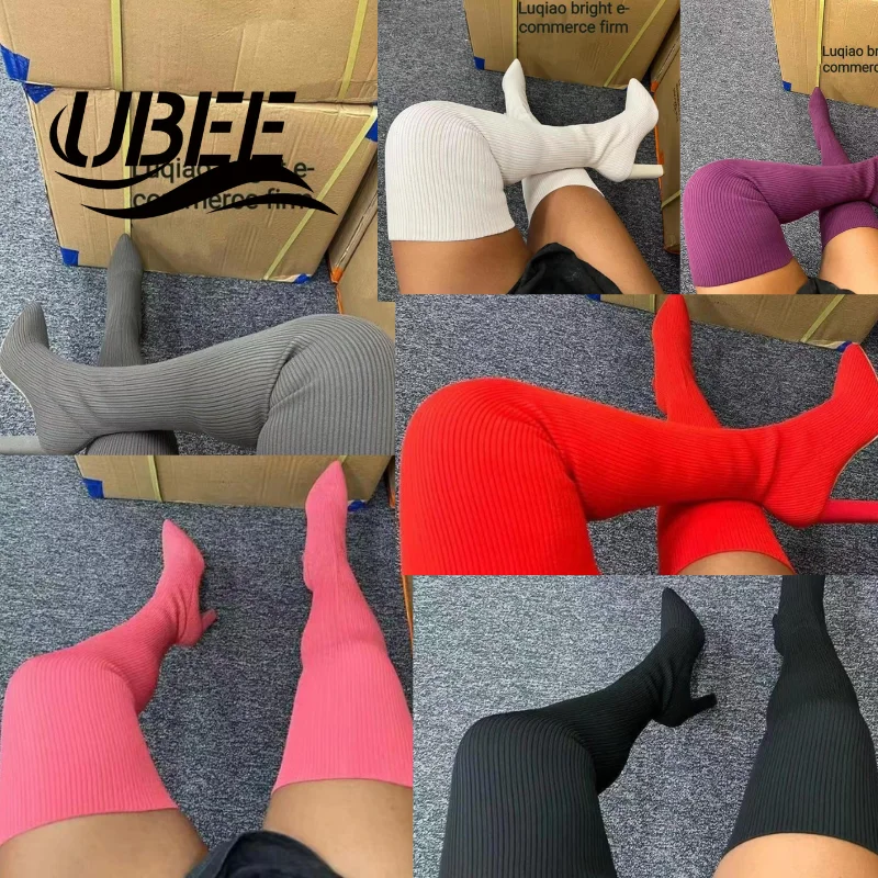 2022 Winter Fashion Stretch Knitted Point Toe Stiletto Thigh High Heel Boots Chukka Boots Knee High Boots For Women