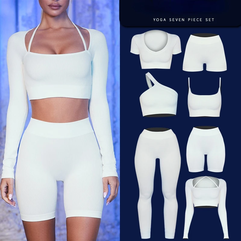 2022 New 7 PCS SET Plus Size Arrival Custom ribbed Gym Clothing Sportswear Fitness Yoga Wear Women Sport gym cloth Yoga Set