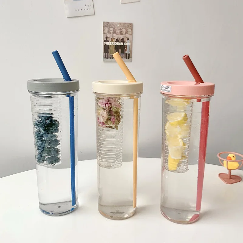 Summer hot selling student lemon juice clear filter plastic water bottle ins outdoor sport bottle with straw