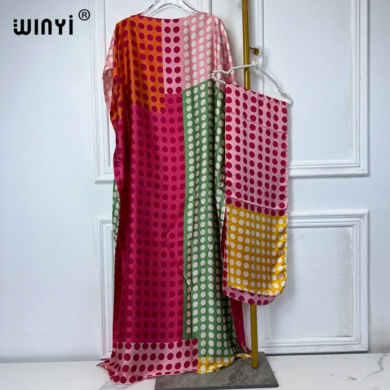 WINYI muslim african dresses for woman dubai abaya Crew Neck Wave dot print Kaftan Dress, Elegant Maxi Length Dress, maxi dress