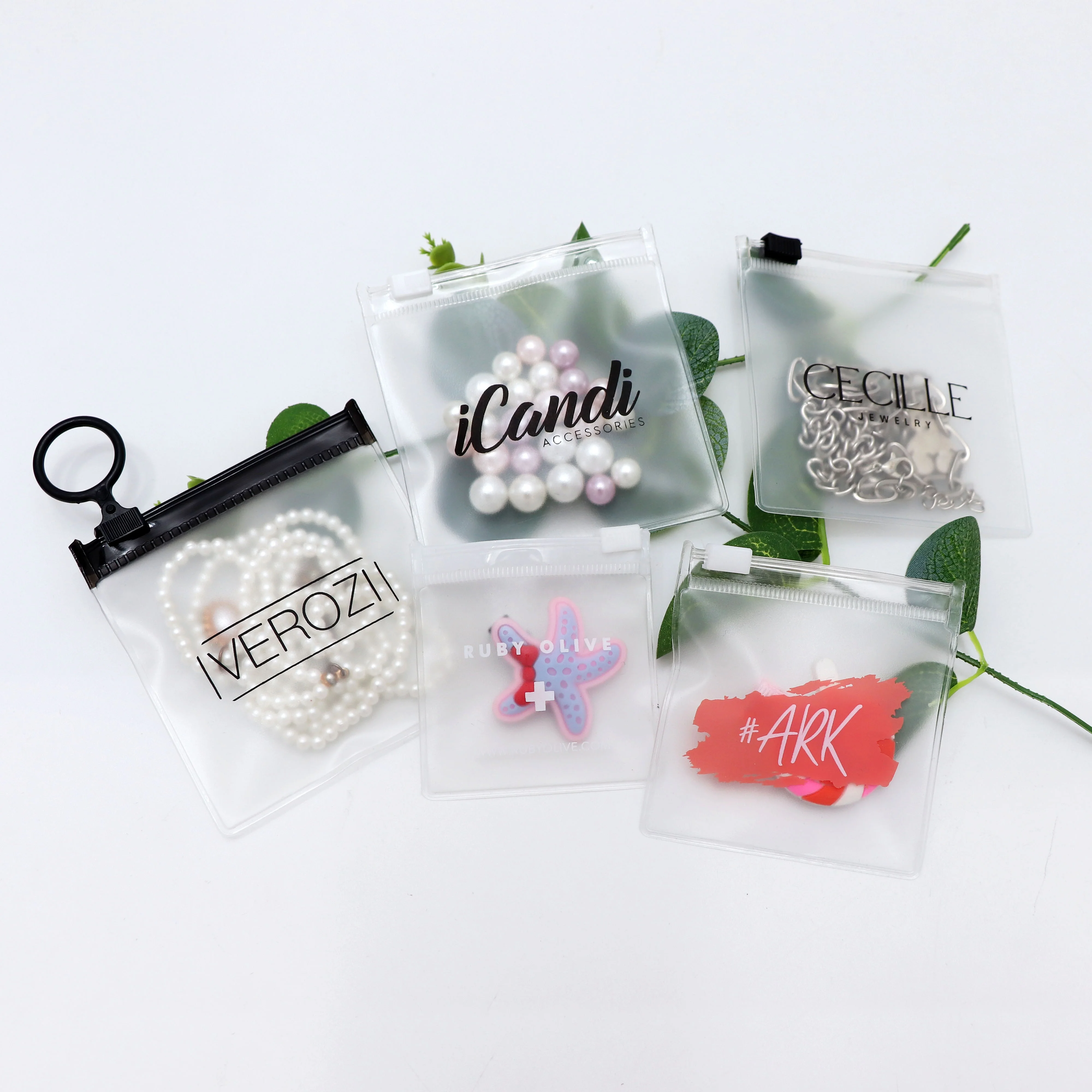 Free samples gold hot oil printing logo ziplock bag clear frosted pvc jewelry packaging & display pouch for packing jewelry