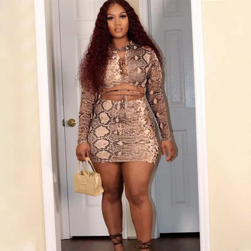 BR2116 L to 4XL Plus size bandage hollow out sexy snake print two pieces ladies women skirt suits sets