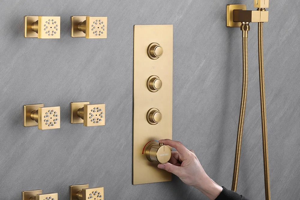 Hot Sale Square Brushed gold bathroom shower hot and cold shower mixer, in wall mounted rain concealed all copper shower set