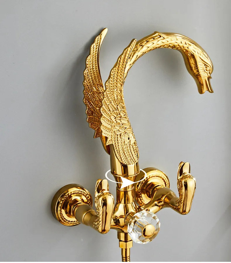 Brass Bathroom Shower Faucet Set Triple Function Golden Swan Shower System