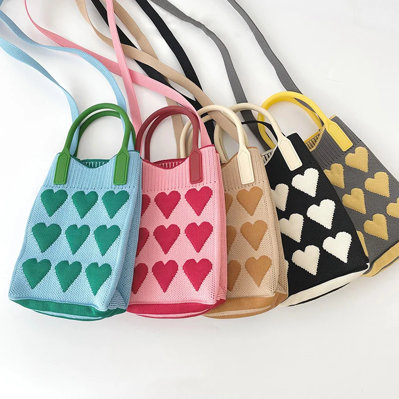 High quality student pink heart mini phone coin purse bag new fashion knitted shoulder crossbody bag