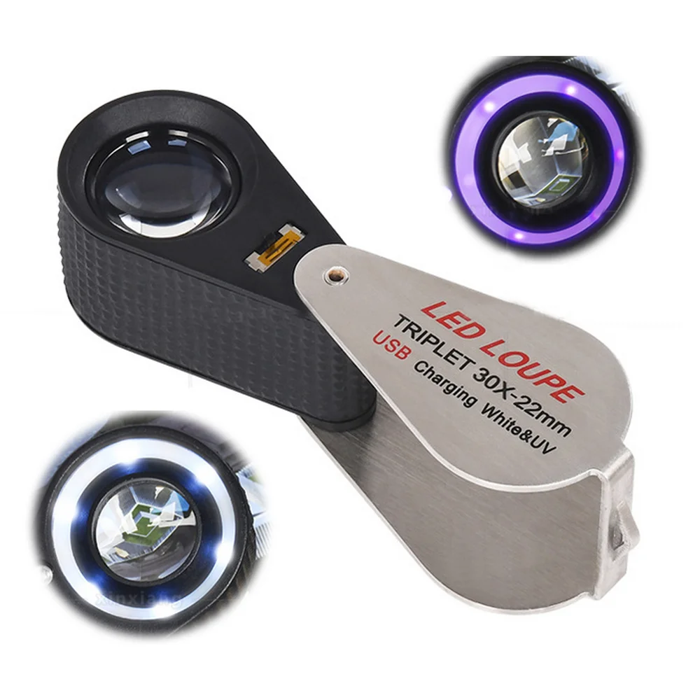 10X Jeweler Triple USB Rechargeable 6LED White Light and LED purple UV Black Light Magnifying Jewelry Loupe