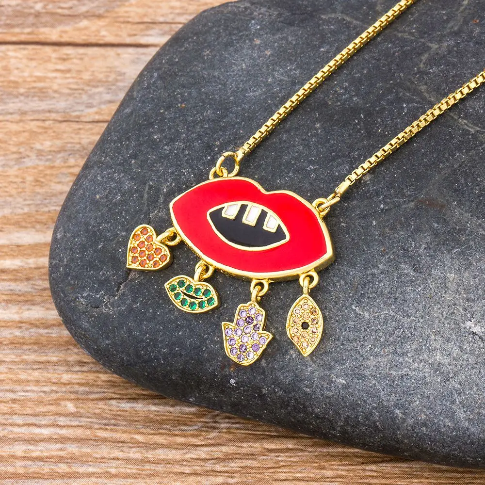QIKU Creative Design Lip Shape Heart/Palm/Eye Pendant Women Necklace Copper Zircon Charm Jewelry Unusual Accessories Girl Gift