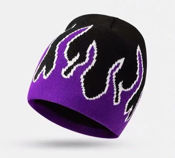 Fire Flame Pattern Beanie Knit Beanie Hat Y2K Skullies Slouchy Beanie