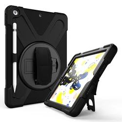 For iPad 10.2 2019 2020 kids soft thick silicone bumper PC rugged tablet case with hand strap 360 rotating foldable kickstand