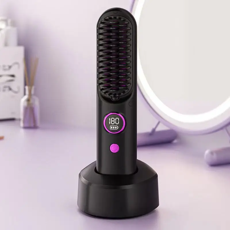 LCD Temperature Display Cordless Electric Safety Lock Rechargeable Hair Straightener Brush Wireless Electric Hot Comb Brush
