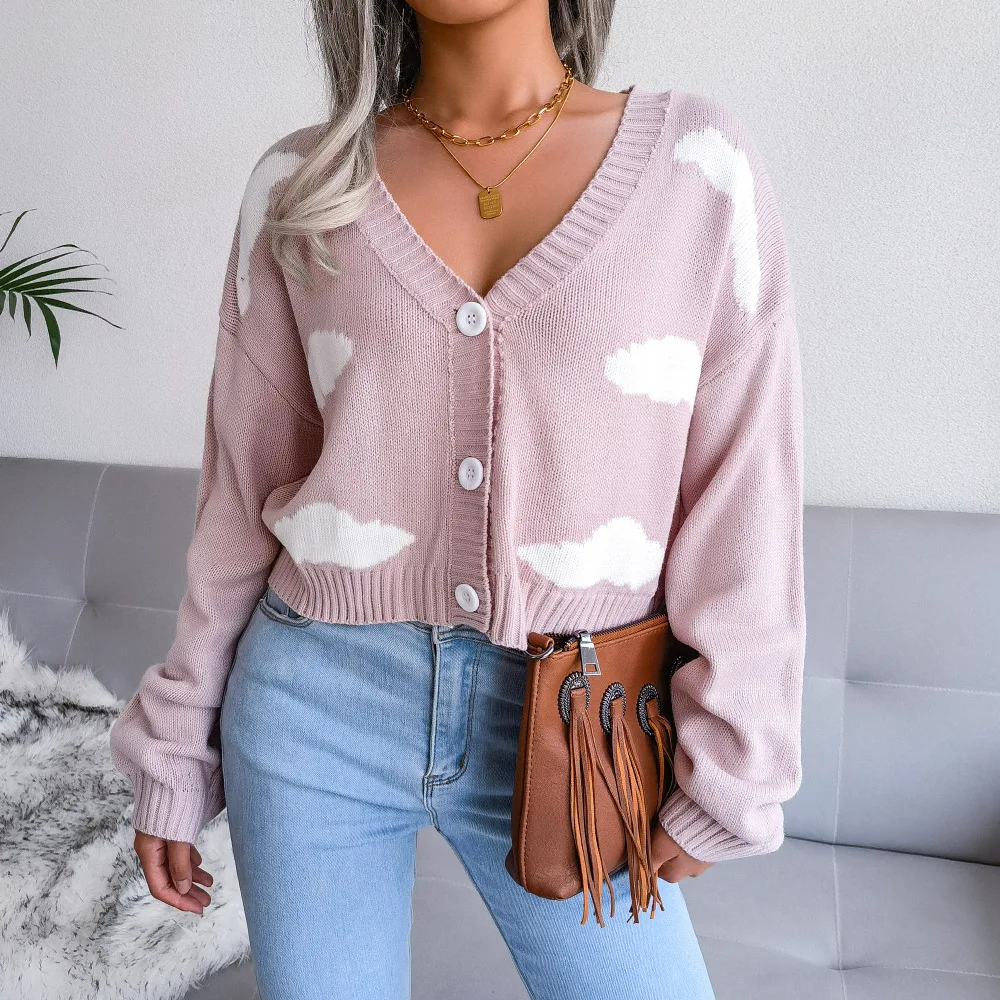 Custom Logo New Style Women Cardigan Sweater Cloud Pattern Knitted Cardigan Casual Autumn Clothing For Women