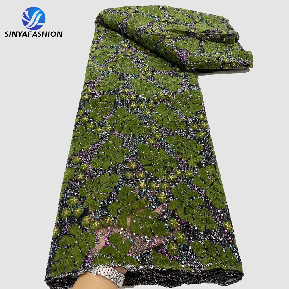 Beautiful Sinya New Style Leaf Design Velvet Sequins Lace Fabric Ladies Parry Velvet Embroidered Lace Fabric Sewing Dress