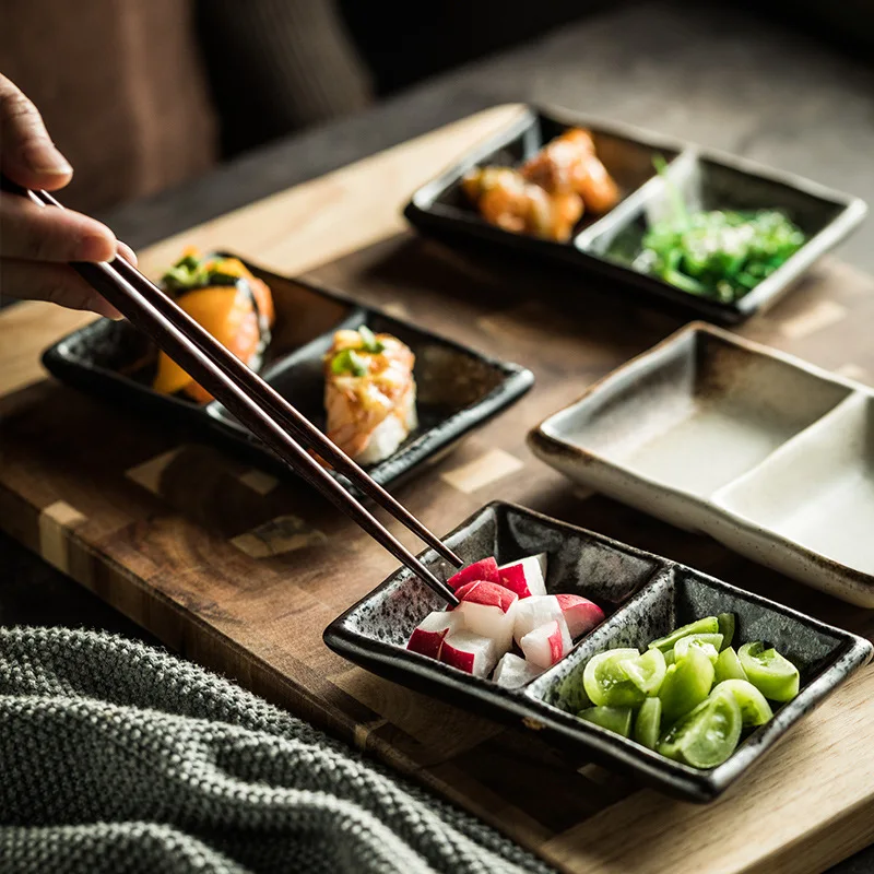 Japanese Style Glazed 2 Compartment Ceramic Sauce Dish Rectangular Sushi Mustard Dipping Soy Saucer