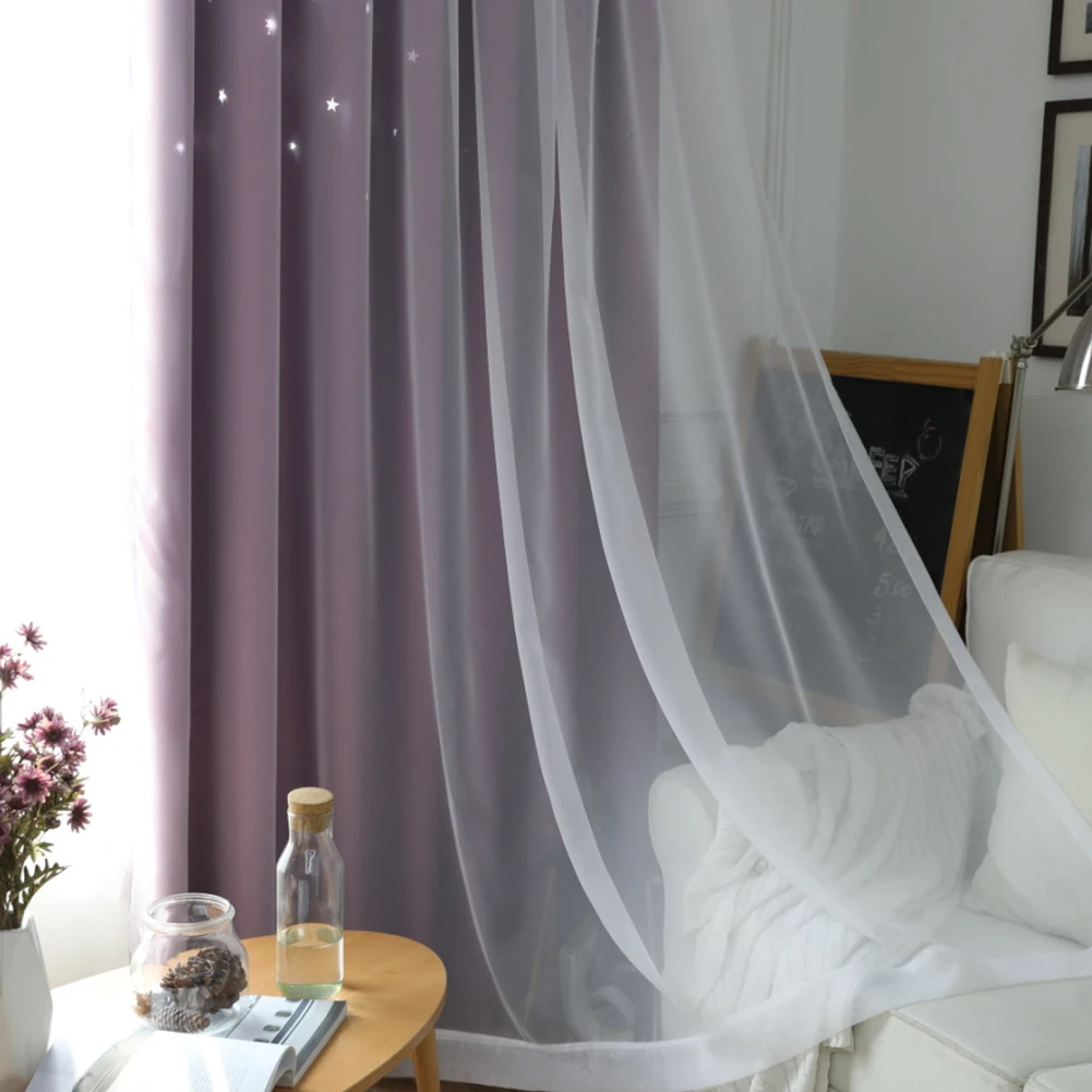 Blackout Curtains for Kid Girls Bedroom Living Room Darkening Stripe Double Layer Star Cut Out Home Decor Window Curtains
