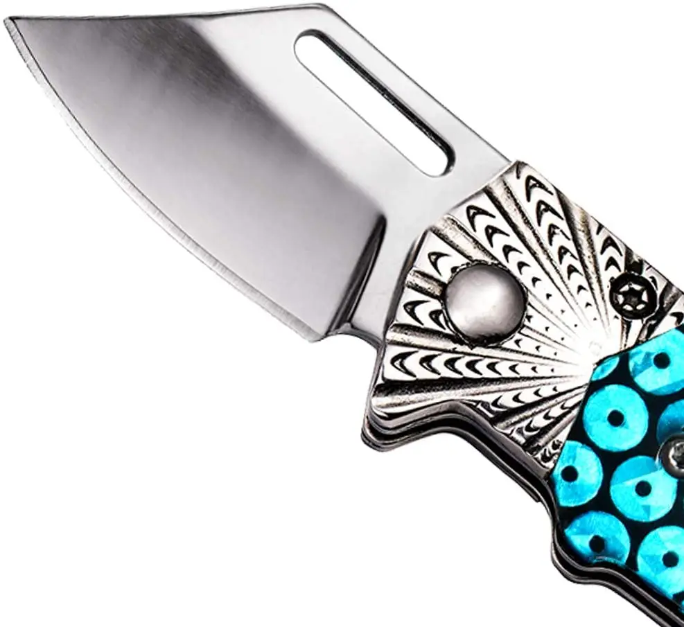  Folding Knife Small Pocket camping knife with Chrome and Blue Acrylic Handle for Camping Hunting