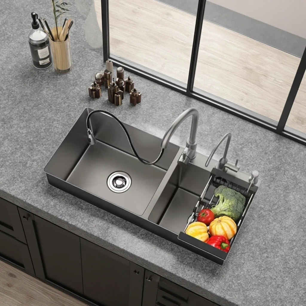 Modern Portable Double Bowl 304 Stainless Steel Kitchen Bathroom Sink Rectangular Shape Two Counter Faucet Cheap Undermount