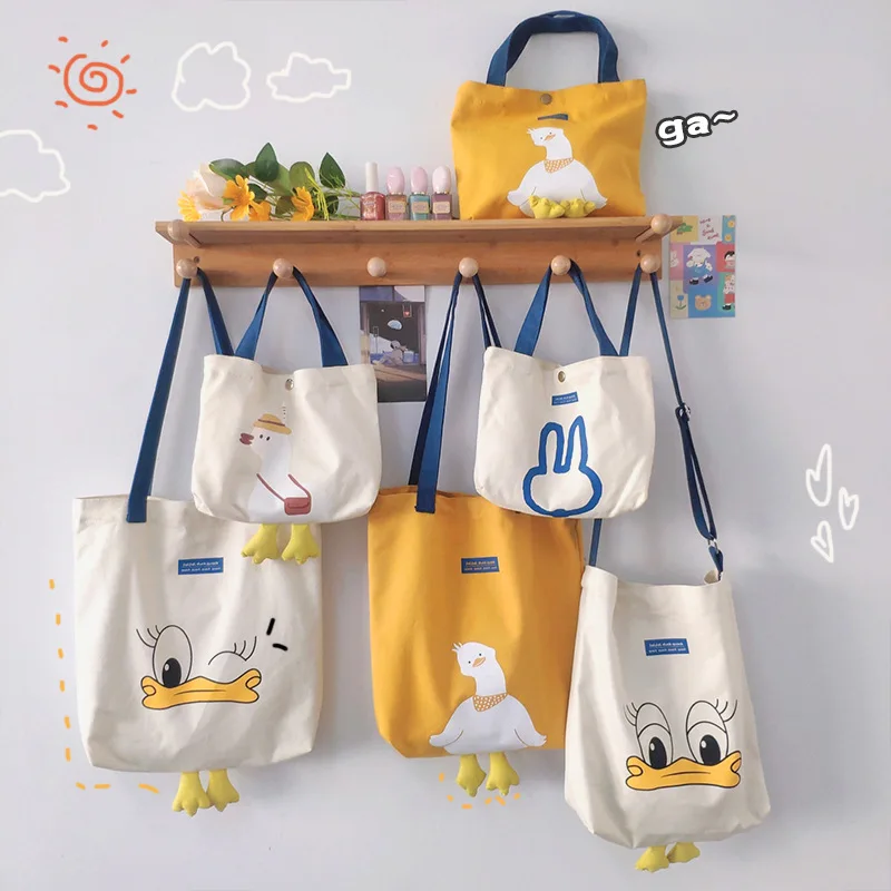Custom New Versatile Shopping Bag Cute Duck Cotton Canvas Leisure Hand Bag Ins Shoulder Tote Bag with Custom Printed Logo