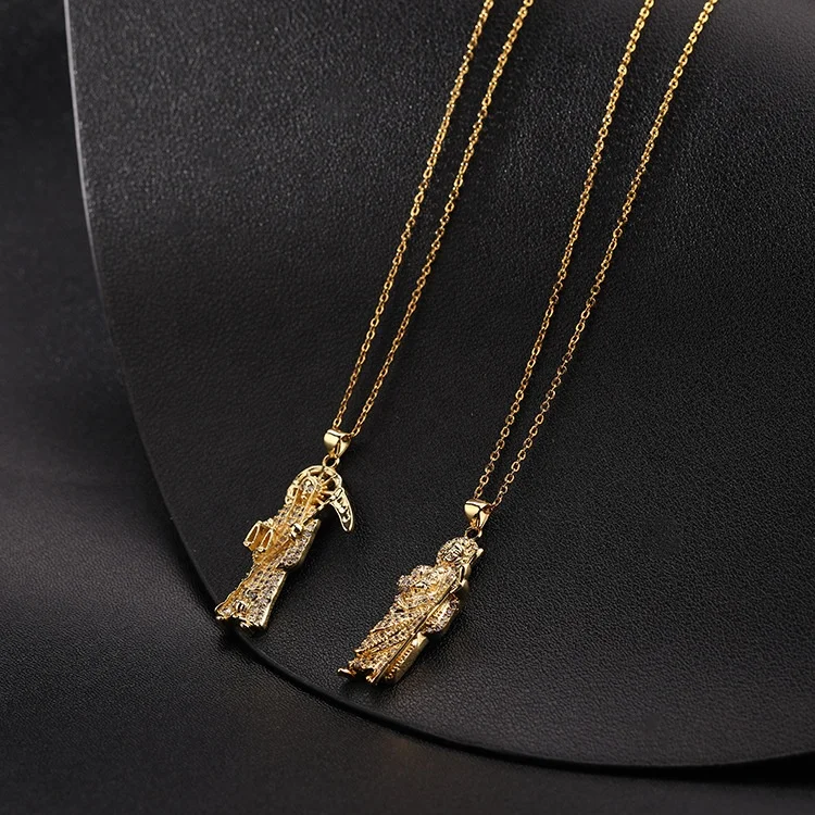 Punk Style Fashion Luxury 18K Gold Plated Copper CZ Crystal Zircon Death Scythe Pendant Necklace for Women Men