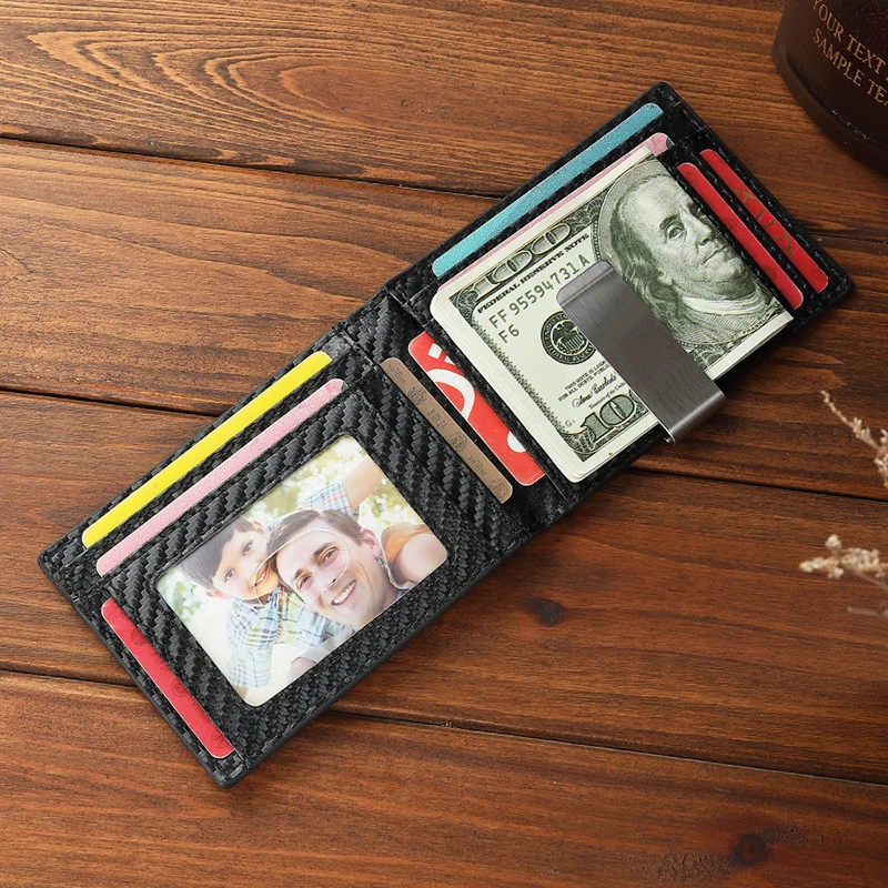 Slim Bifold Front Pocket Minimalist Card Holder RFID Blocking Carbon Fiber Faux Leather Wallet With Money Clip