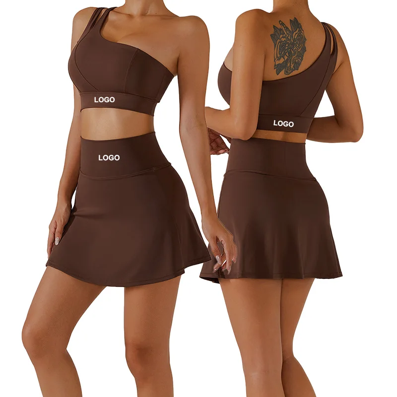 TZ6358 new arrival Yoga 2-piece skirts Set one shoulder strap bra women outdoor sports nude tennis skirts Fitness Gym Wear