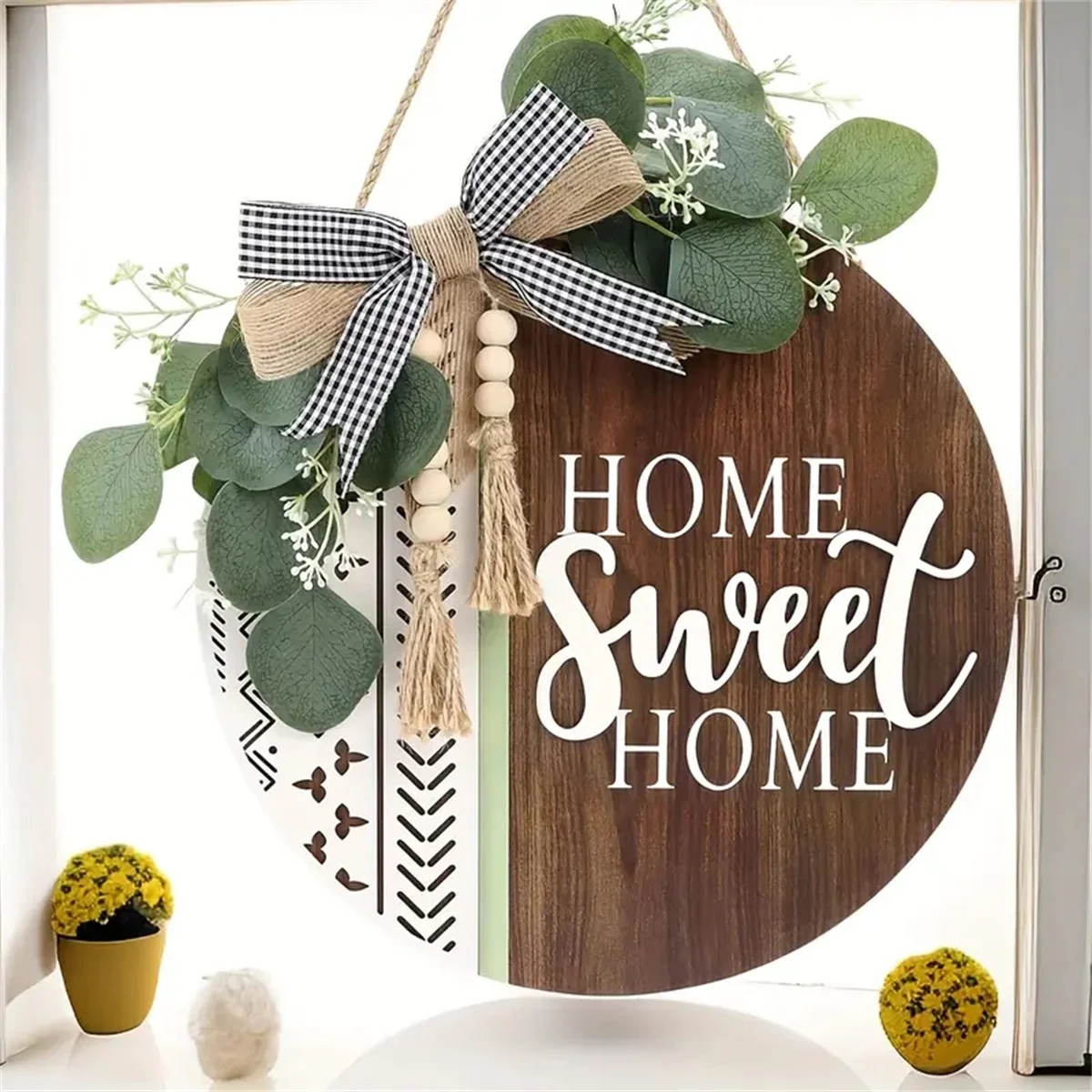 1pc Welcome  Round For Front Door Wreath Porch Decoration Wooden Home Sweet Home Bohemian Outdoor Sign Wreath Artificial Leaves