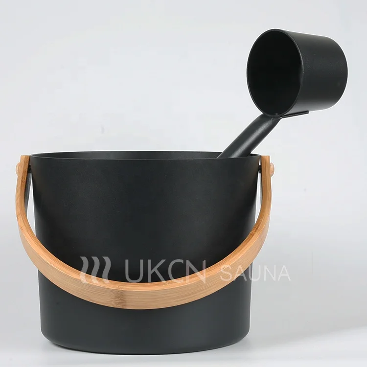 Aluminium Sauna bucket with bamboo handle, metal bucket with wooden handle