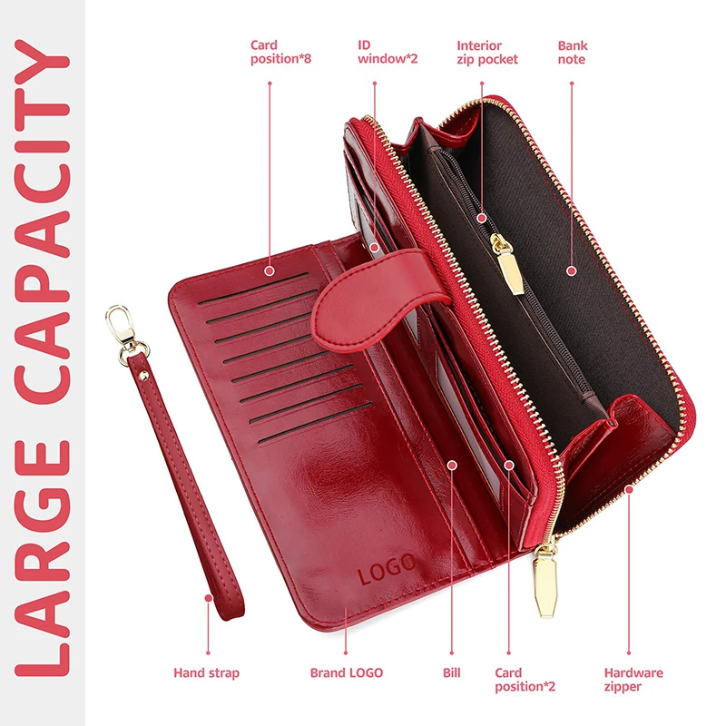 
New Style RFID Blocking Leather Large Capacity Clutch Purse Women Wallet with Strap 