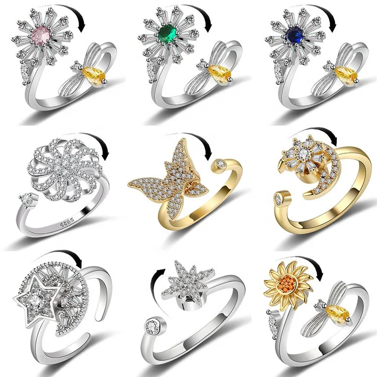 2022 New Fidget Spinner Anxiety Rings Cubic Zirconia CZ Star Moon Flower Butterfly Opening Adjustable Rotating Rings