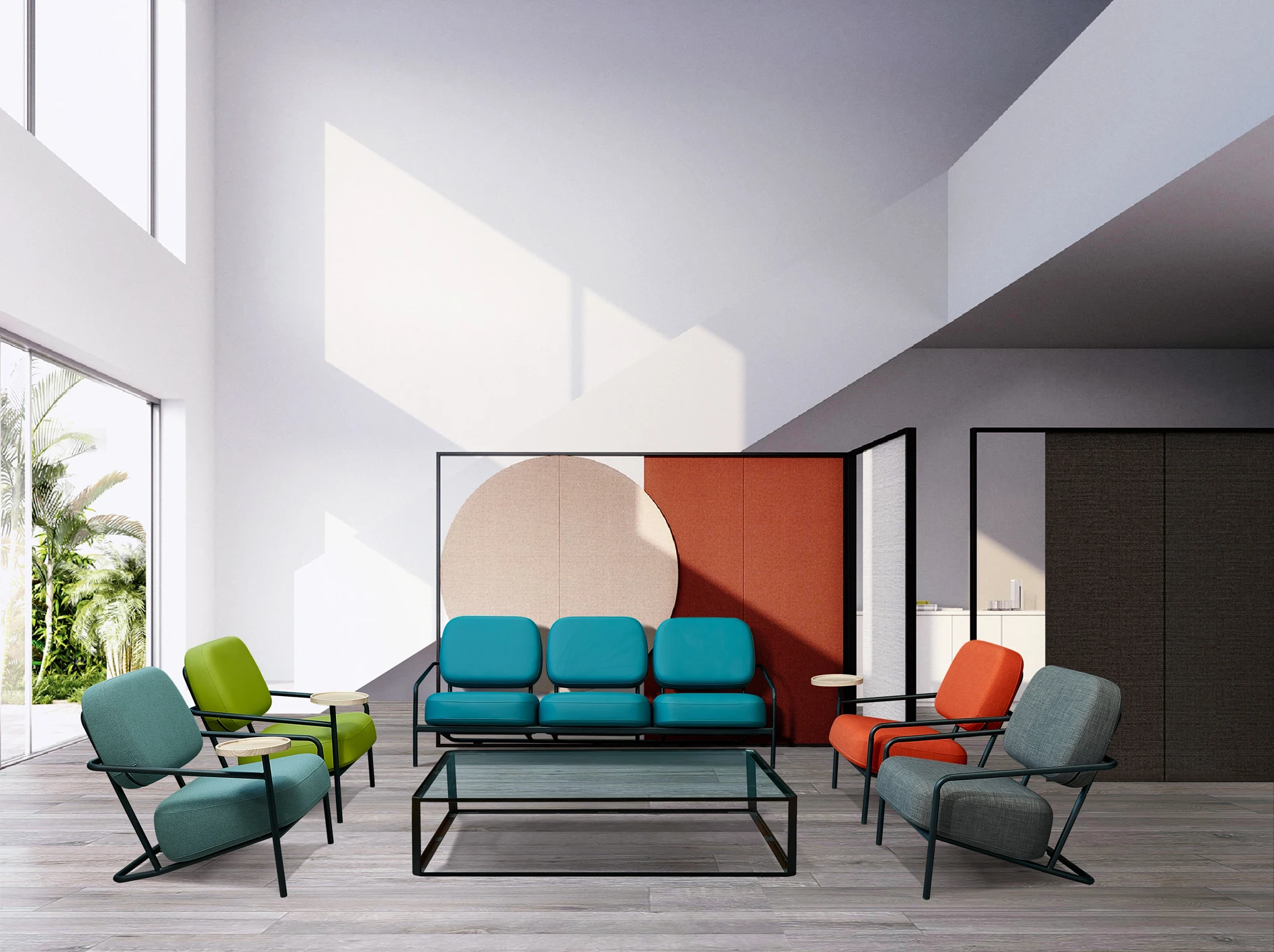 LS-GS009 Simple style modern PU fabric metal frame single seat office sofa with small corner wood small side table top