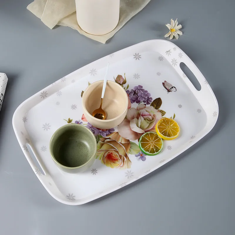 Wholesale Custom Flower Printing Melamine Plastic Serving Tray With Handle