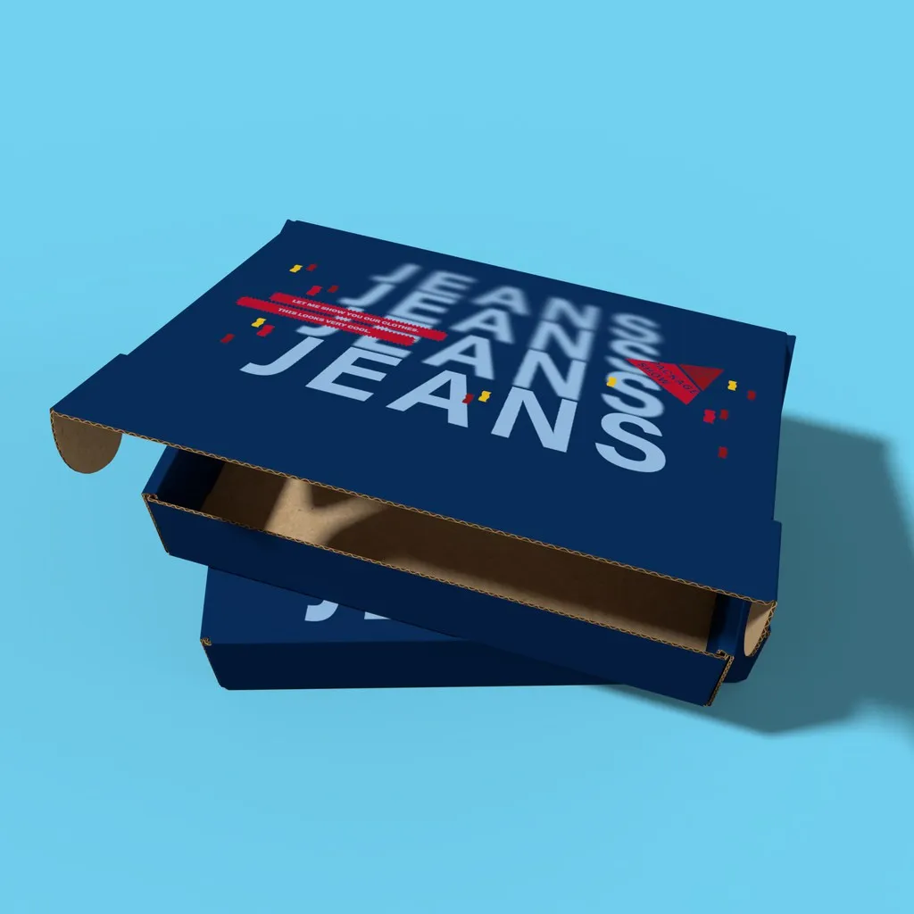 Custom Clothing Fabric Blue Jeans Brand Label Garment Packaging Box Jeans Packaging Box