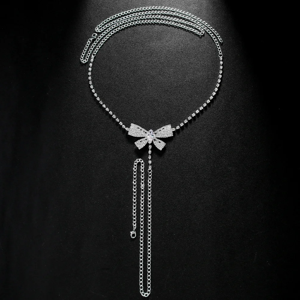Fashion Sparkly Rhinestone Bow Waist Body Chain Jewelry For Girls Women