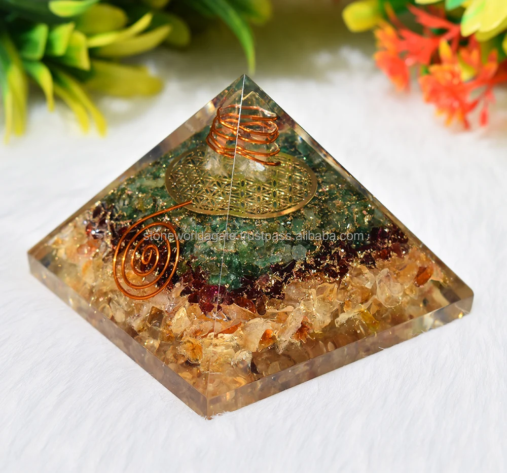 Bulk Orgone Pyramid Powerful Healing Energy Generator Promotes Wealth and Prosperity with Green Aventurine, Garnet and Citrine