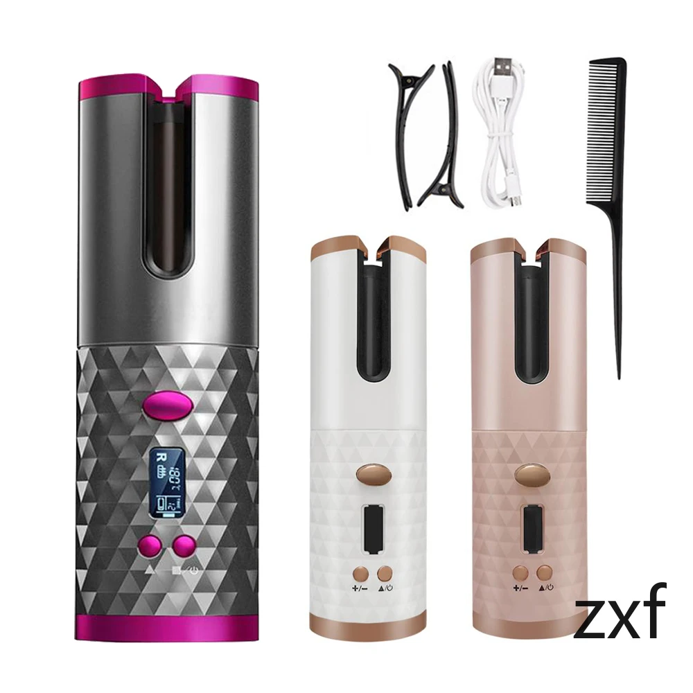
Portable Wireless Automatic Curling Iron Hair Curler USB Rechargeable for LCD Display Curly Machine with 1 Comb+2pc Clips 