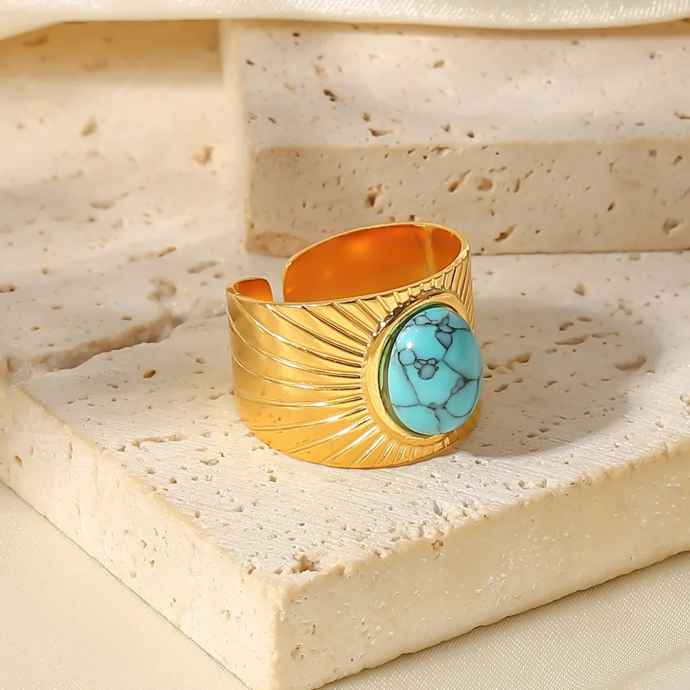 Delicate 18k Gold Plated Turquoise Swirl Marks Wide Opening Stainless Steel Rings For Women Jewelry