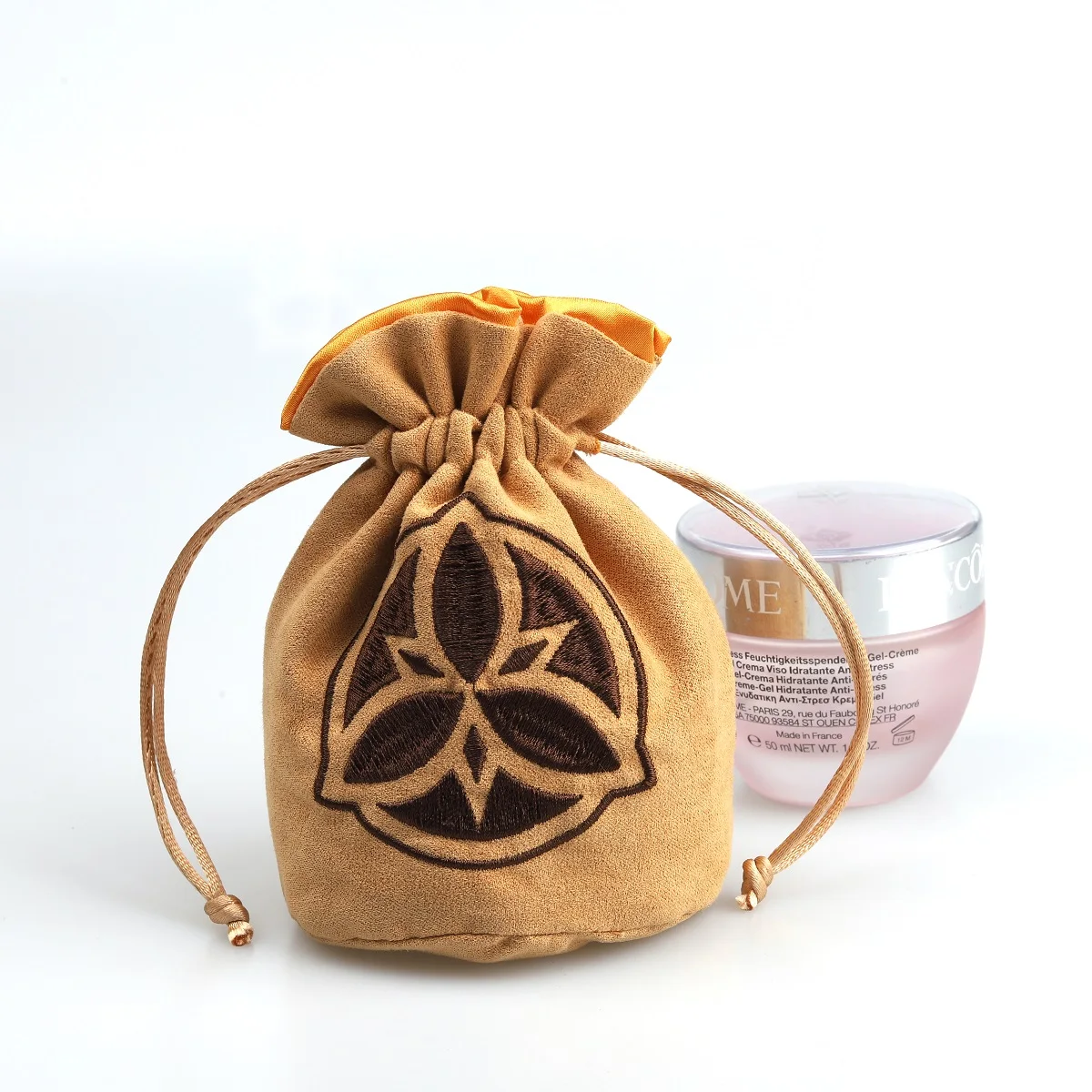 Round Bottom Suede Jewelry Gift Packaging Bag With Satin ling Brown Embroidery Logo Suede Velvet Cosmetic Drawstring Pouch