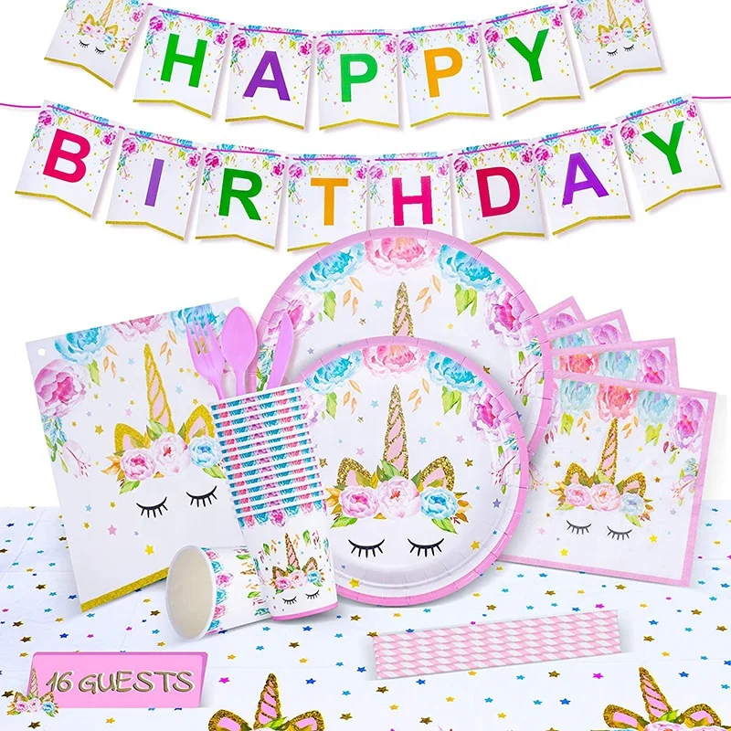 
 Unicorn Party Supplies Set birthday decoration Disposable tableware happy birthday party supplies  
