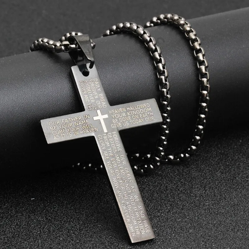 Stainless Steel Necklace For Men Prayer Choker Cross Pendant Black/Silver Chain Prayer Religious Medals Christian Jesus Jewelry