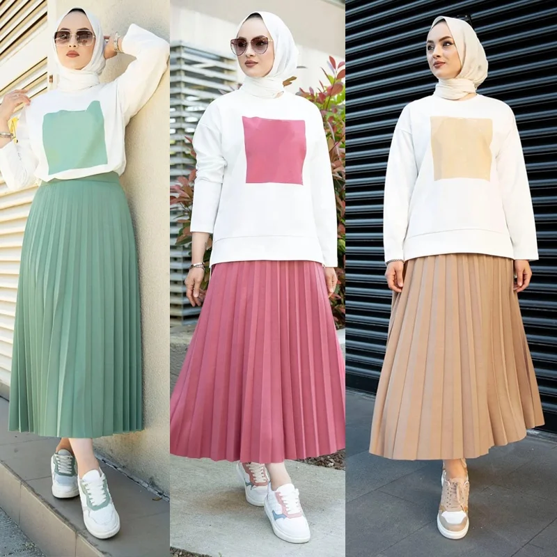 High quality fashion muslimah pleated long skirt and hoodies set women solid color muslim pleated skirt