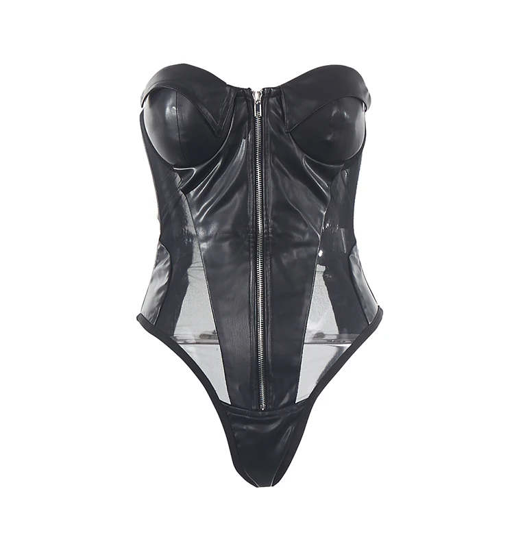 Bold Black Faux Leather Corset Bodysuit with Zipper Front and Sheer Panels Perfect for Edgy Party Looks