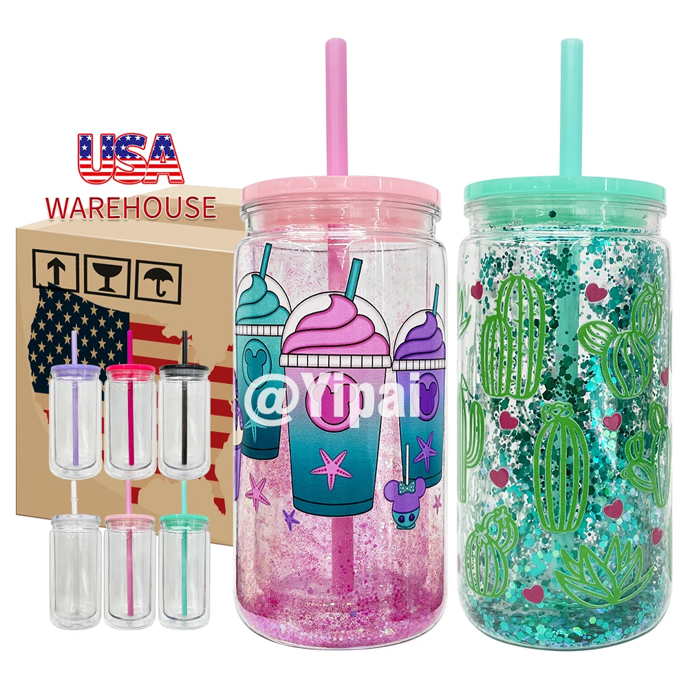 USA warehouse transparent 12oz double walled snow globe acrylic plastic beer soda can with hole and plug For DIY snow globe