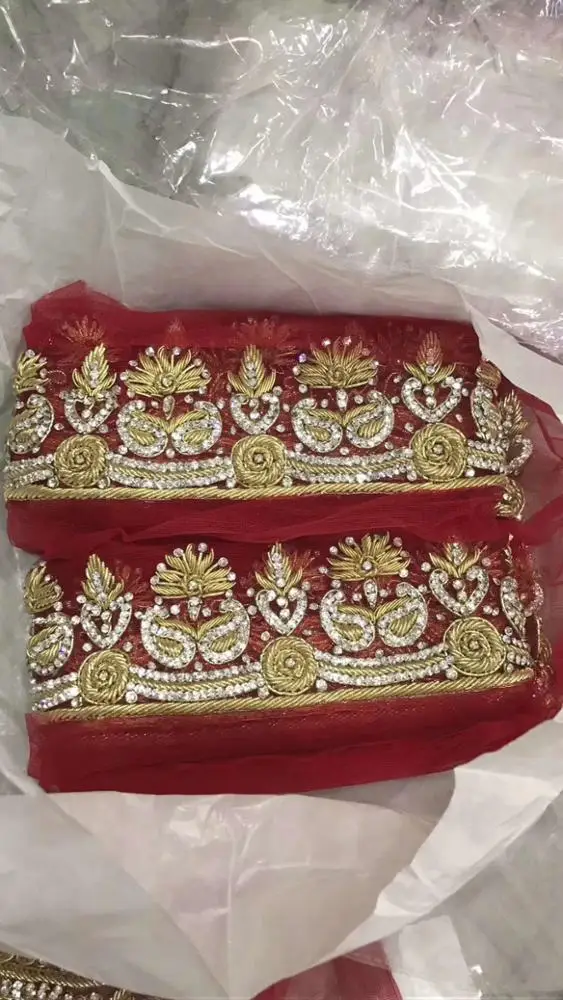 
India handmade zardozi stone design bullion wire applique 3d Tulle Net Bead Glitter Gold Lace trim 