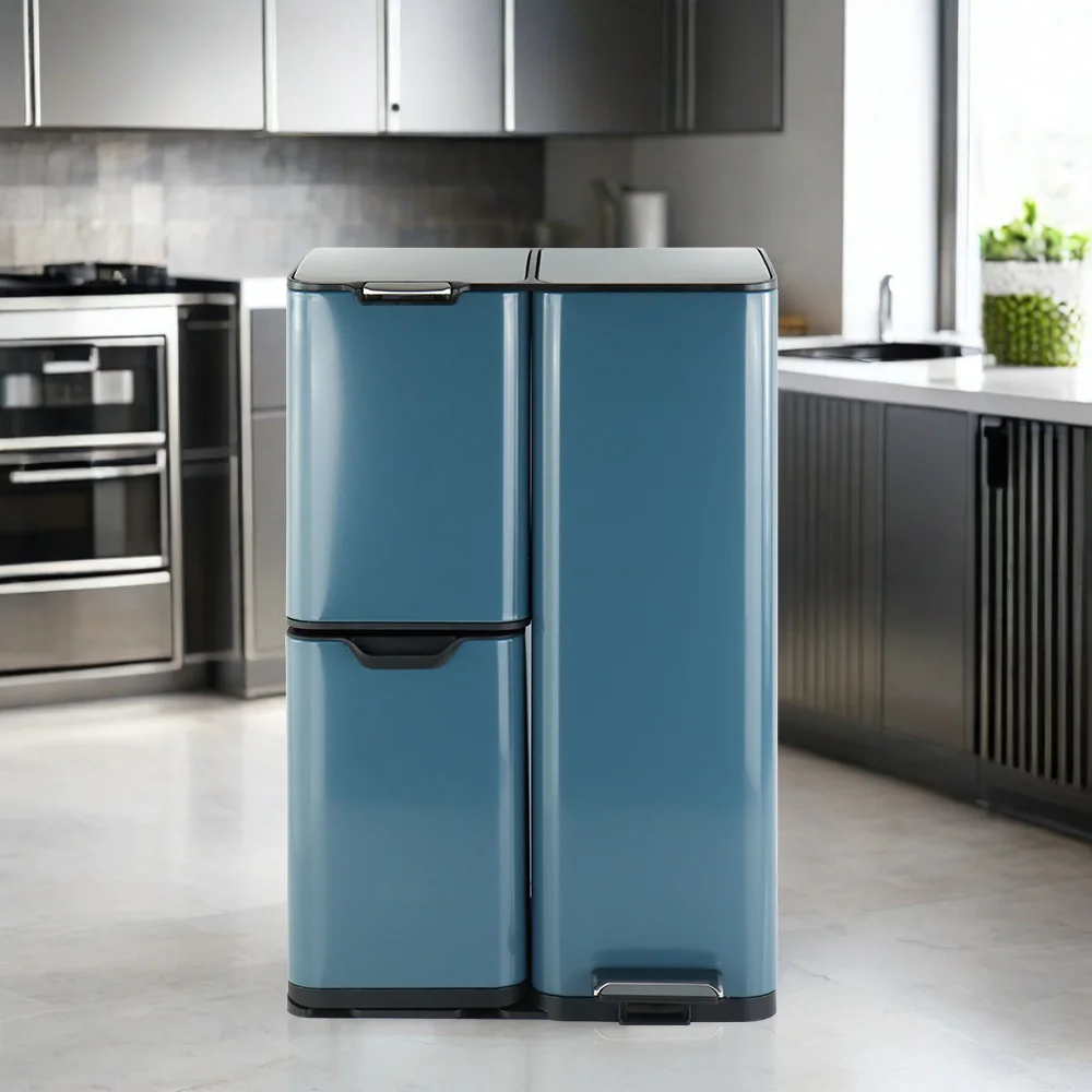 60 Liter Rectangular Trash Separation Bin Stainless Steel Pedal Bin Kitchen Trash Can For Selective Sorting and Recycling