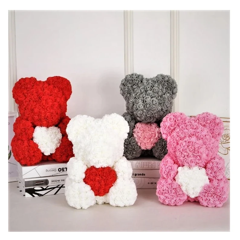 Custom 40cm bear diy foam roses tedy bear mothers day 2024 flower head artificial rose bear with box