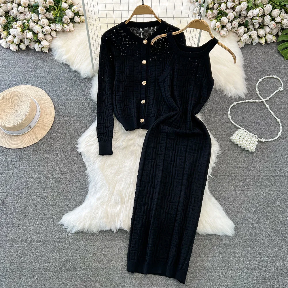 Customized winter long sleeved round neck single knit jacket waist hip wrap dress two-piece set