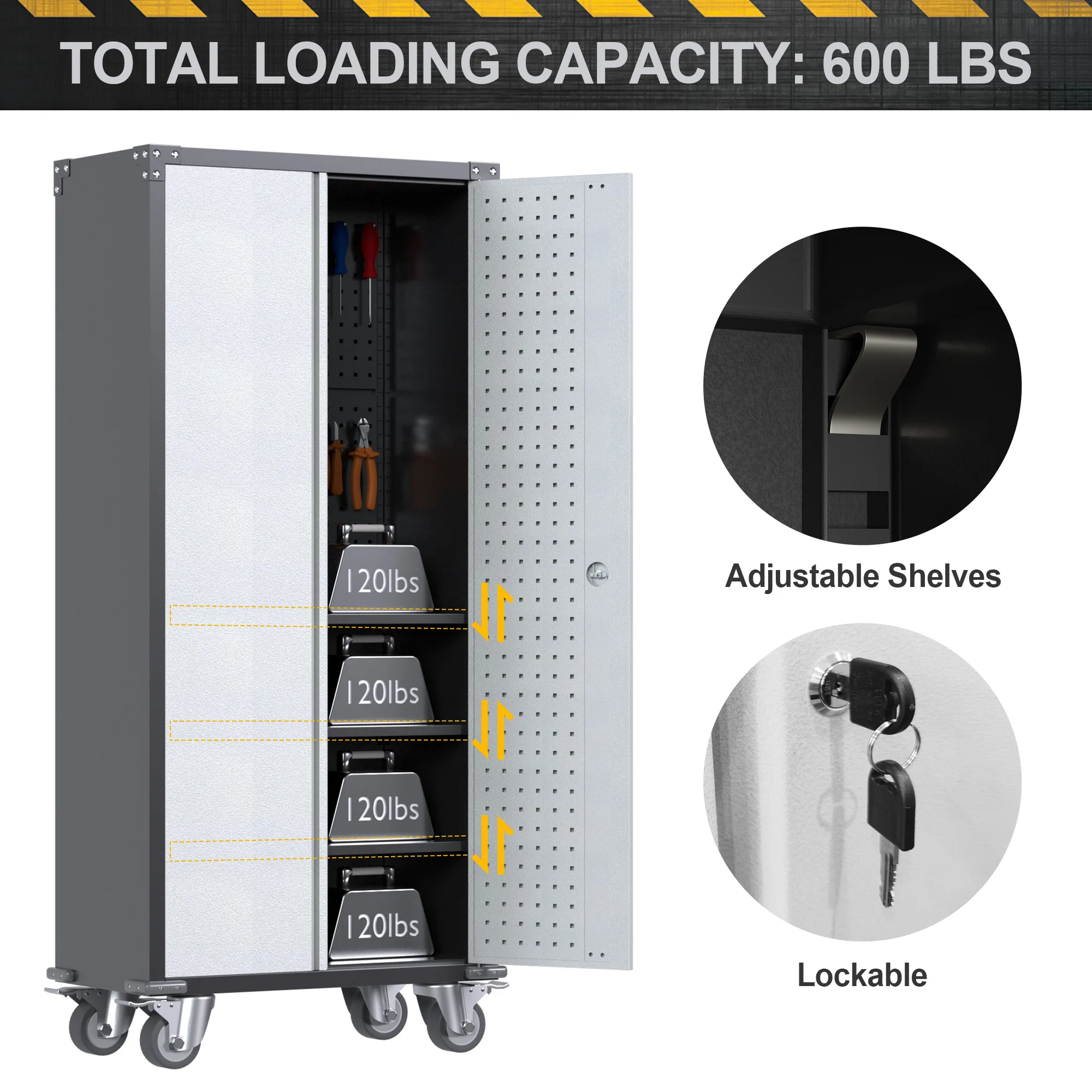 Double Colored Rolling Metal Storage Cabinet with 2 Peg Board for Storage