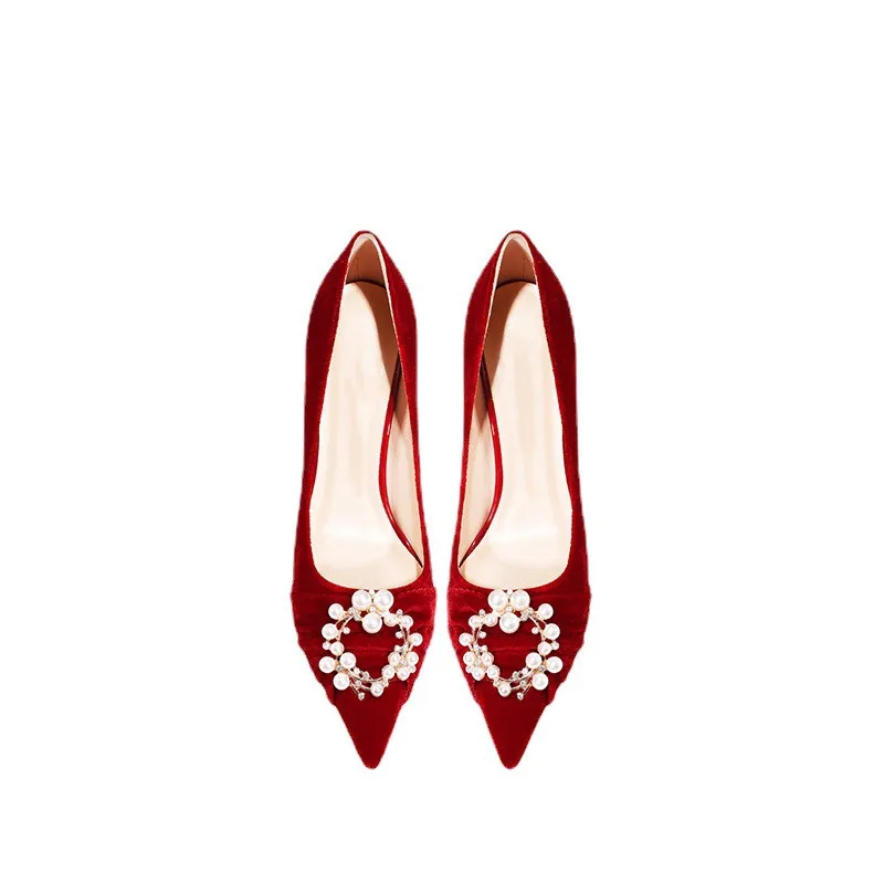 2024 Bridal Stiletto Wedding Shoes New Crystal Pearl Rhinestone High Heel Fairy Style Sandal Summer Insole Material Rubber PU